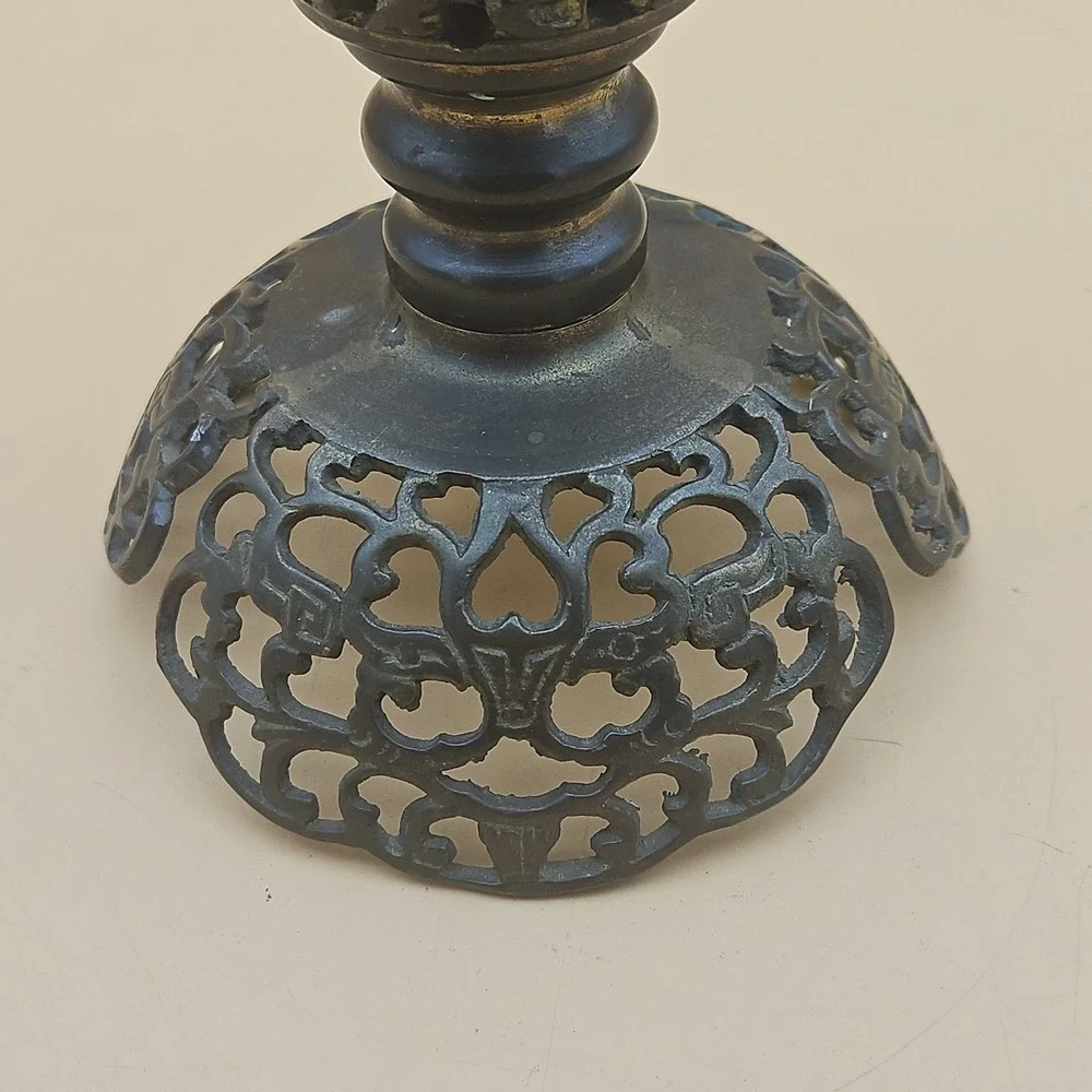 Vintage Chinese Asian Pricket Candle Holder Brass Metal Open Lattice Designs